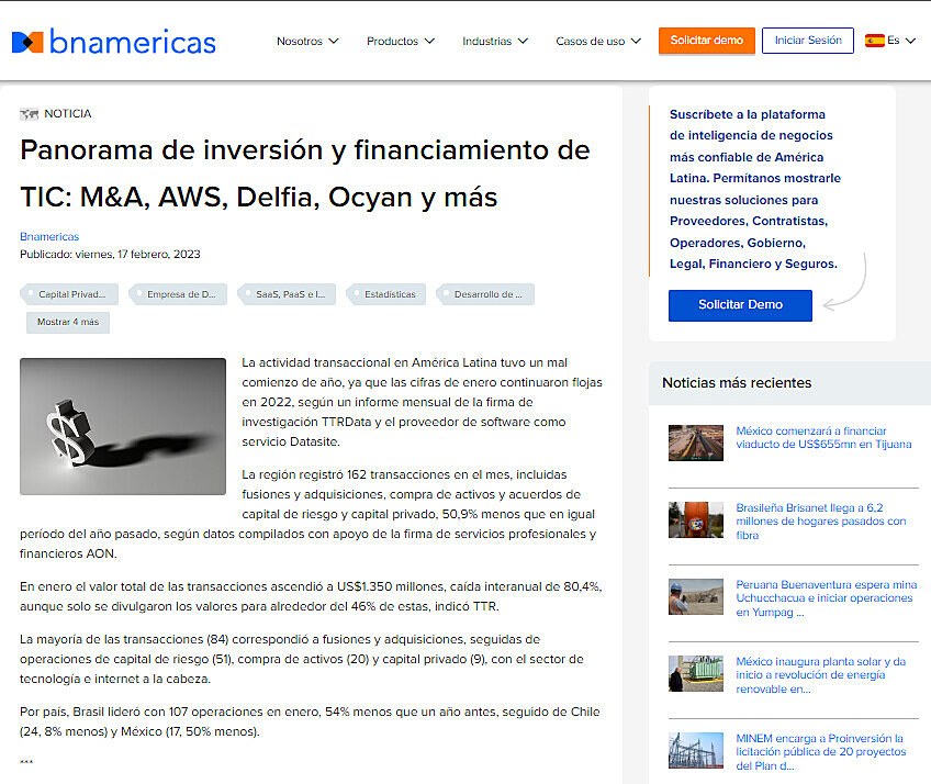 Panorama de inversin y financiamiento de TIC: M&A, AWS, Delfia, Ocyan y ms